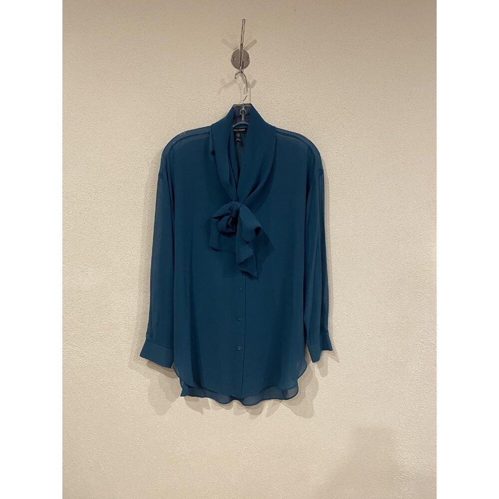 Eileen Fisher Tie Neck Tunic Shirt Womens XS Blue Sheer Button Blouse Top - Picture 2 of 4